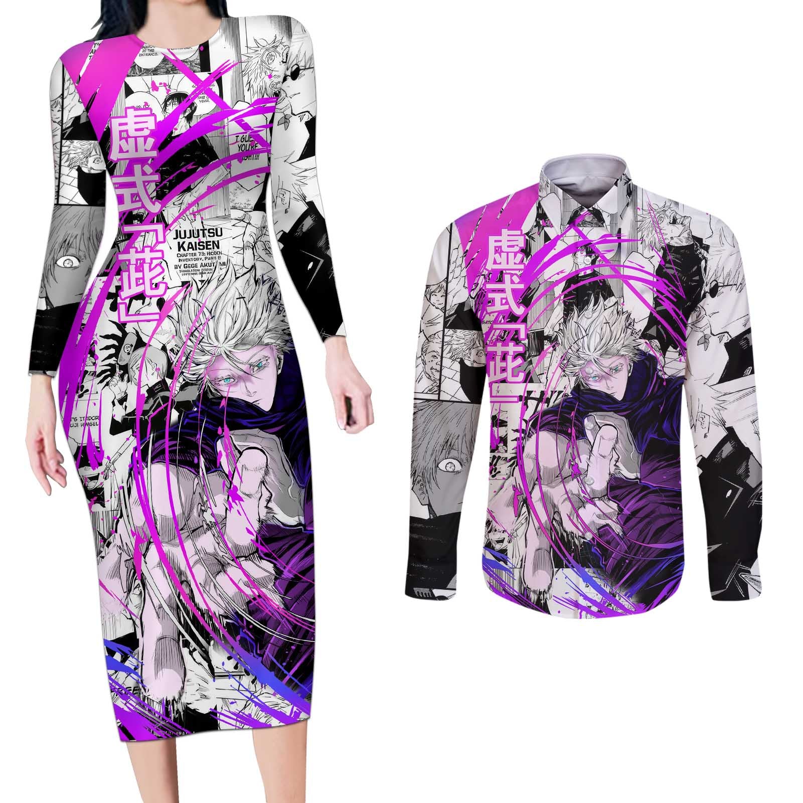 Gojo Satoru - Jujutsu Kaisen Couples Matching Long Sleeve Bodycon Dress and Long Sleeve Button Shirt Pattern Anime Mix Manga Style