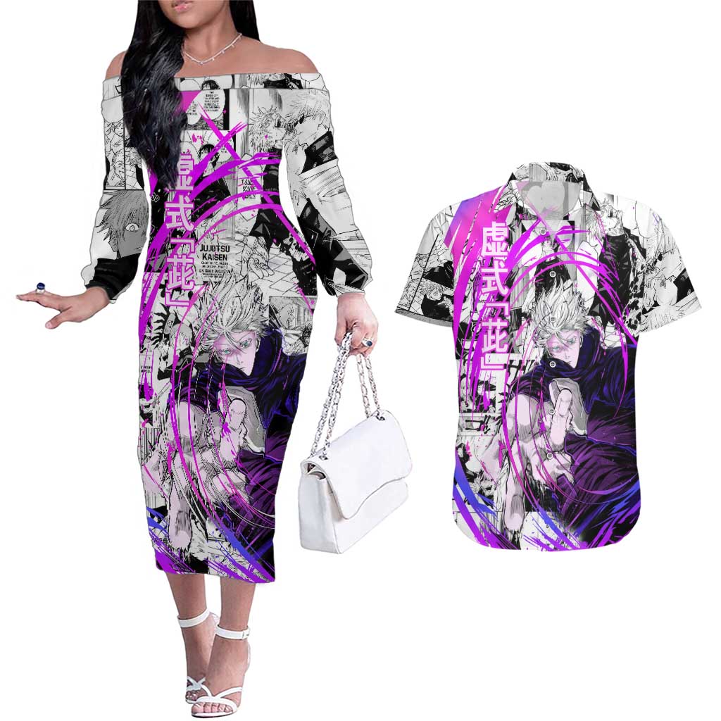 Gojo Satoru - Jujutsu Kaisen Couples Matching Off The Shoulder Long Sleeve Dress and Hawaiian Shirt Pattern Anime Mix Manga Style