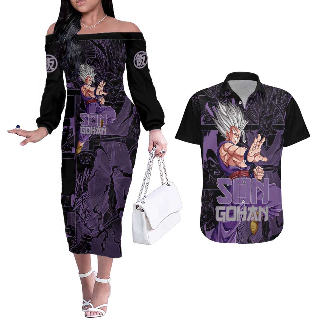 Son Gohan - Dragon Ball Couples Matching Off The Shoulder Long Sleeve Dress and Hawaiian Shirt Pattern Anime Mix Manga Style