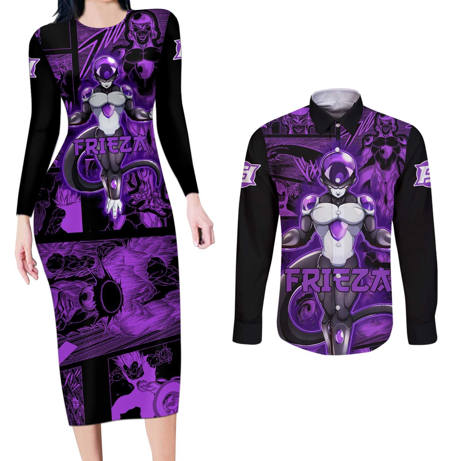 Frieza - Dragon Ball Couples Matching Long Sleeve Bodycon Dress and Long Sleeve Button Shirt Pattern Anime Mix Manga Style