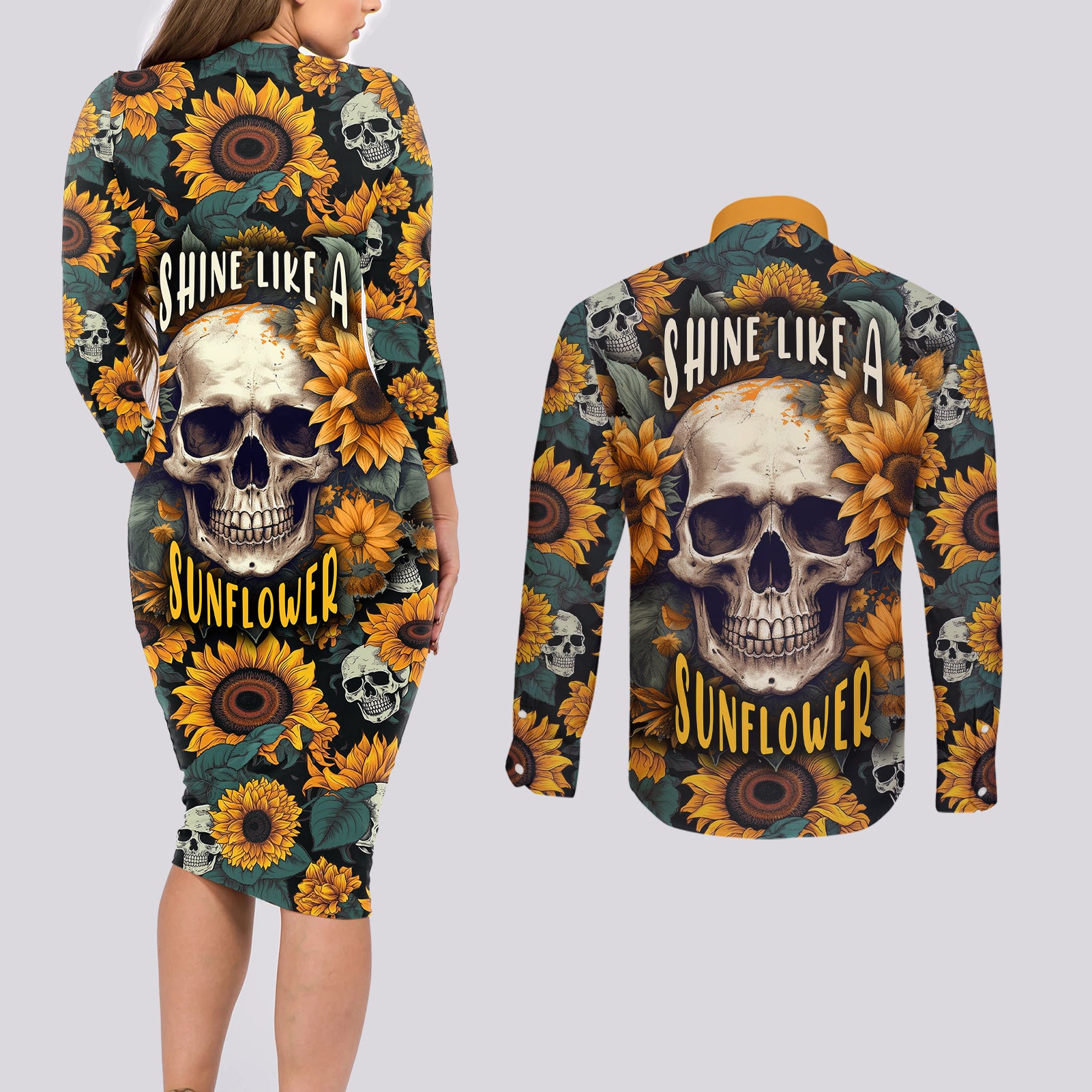 shine-like-a-sunflower-skull-couples-matching-long-sleeve-bodycon-dress-and-long-sleeve-button-shirts