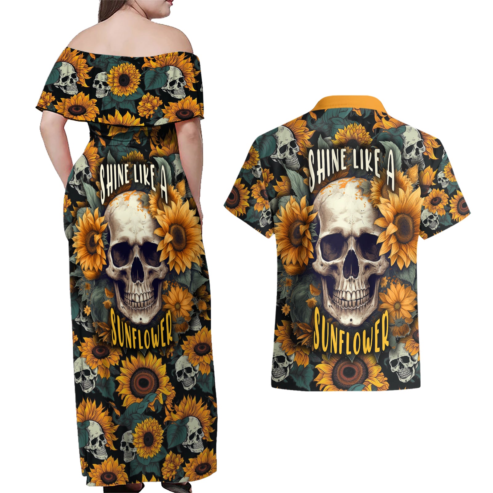 shine-like-a-sunflower-skull-couples-matching-off-shoulder-maxi-dress-and-hawaiian-shirt