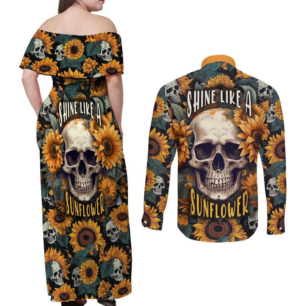 shine-like-a-sunflower-skull-couples-matching-off-shoulder-maxi-dress-and-long-sleeve-button-shirts