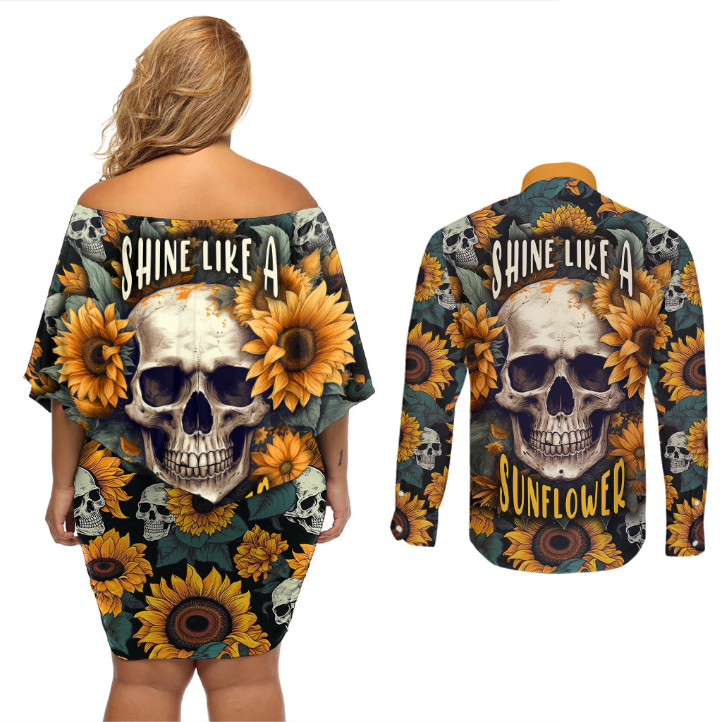 shine-like-a-sunflower-skull-couples-matching-off-shoulder-short-dress-and-long-sleeve-button-shirts