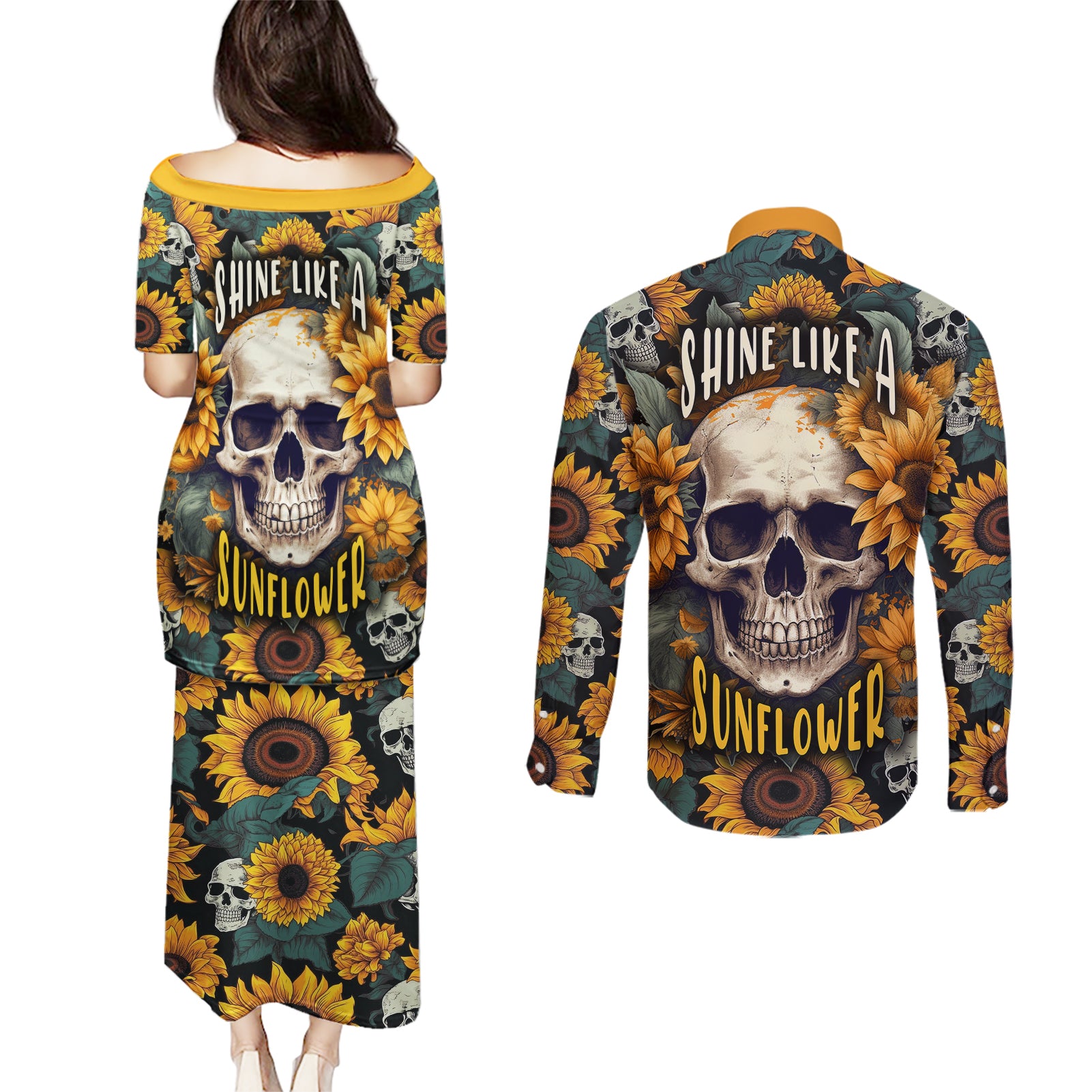 shine-like-a-sunflower-skull-couples-matching-puletasi-dress-and-long-sleeve-button-shirts