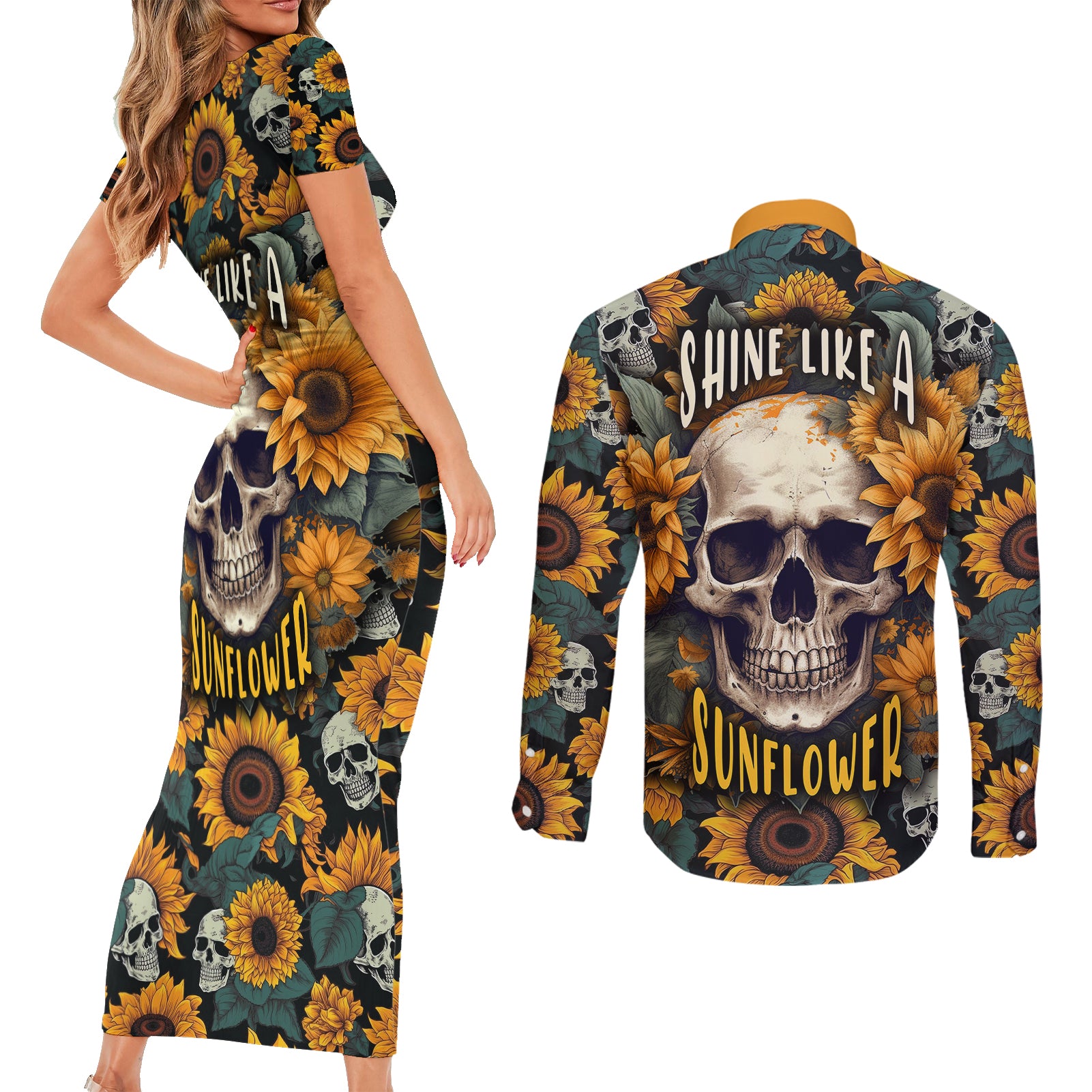 shine-like-a-sunflower-skull-couples-matching-short-sleeve-bodycon-dress-and-long-sleeve-button-shirts