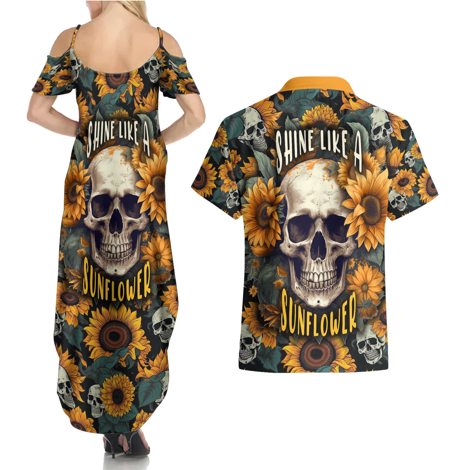 shine-like-a-sunflower-skull-couples-matching-summer-maxi-dress-and-hawaiian-shirt