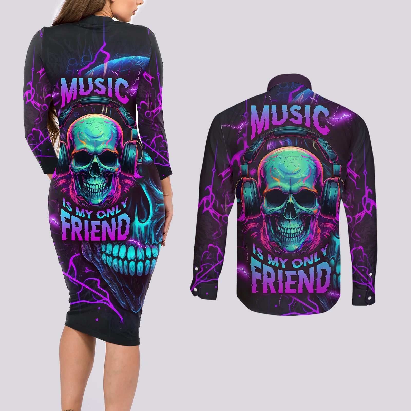 music-is-my-only-friend-skull-couples-matching-long-sleeve-bodycon-dress-and-long-sleeve-button-shirts