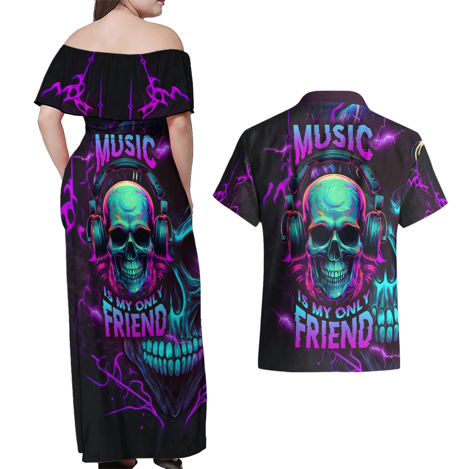 music-is-my-only-friend-skull-couples-matching-off-shoulder-maxi-dress-and-hawaiian-shirt