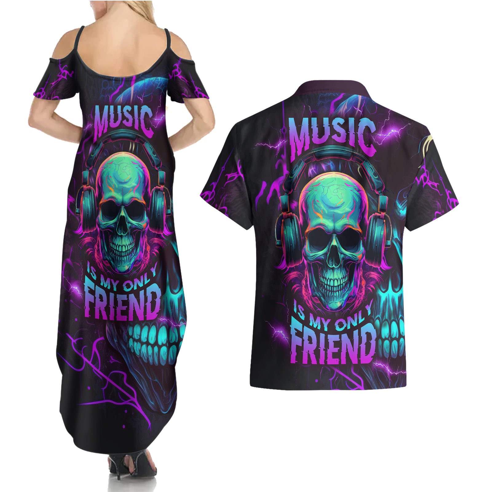 music-is-my-only-friend-skull-couples-matching-summer-maxi-dress-and-hawaiian-shirt