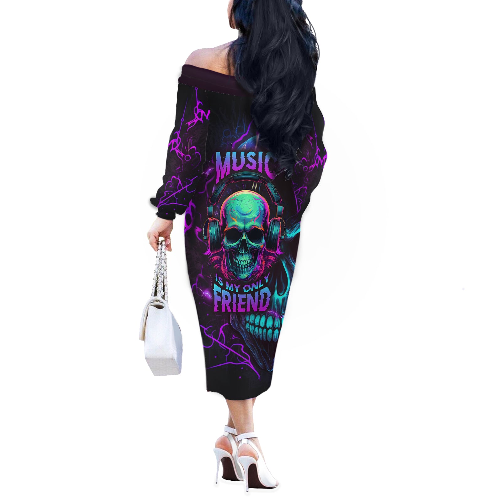 music-is-my-only-friend-skull-off-the-shoulder-long-sleeve-dress