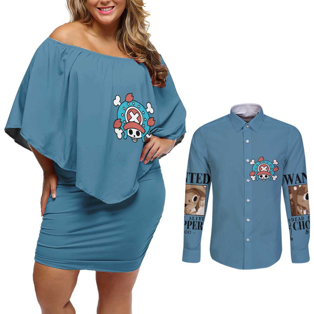 Tony Tony Chopper - Straw Hat -  One Piece Couples Matching Off Shoulder Short Dress and Long Sleeve Button Shirt Anime Style