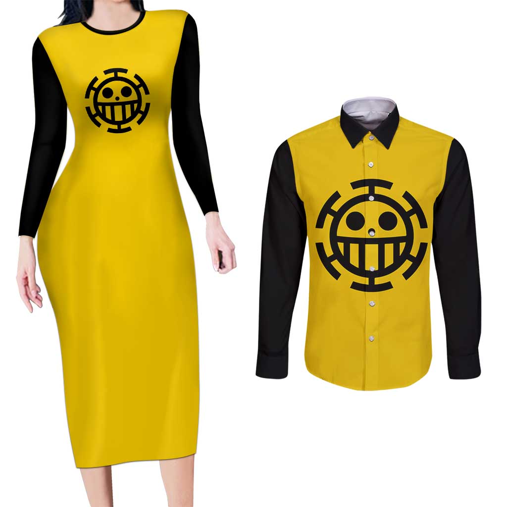 Trafalgar Law One Piece Couples Matching Long Sleeve Bodycon Dress and Long Sleeve Button Shirt Anime Uniform Style