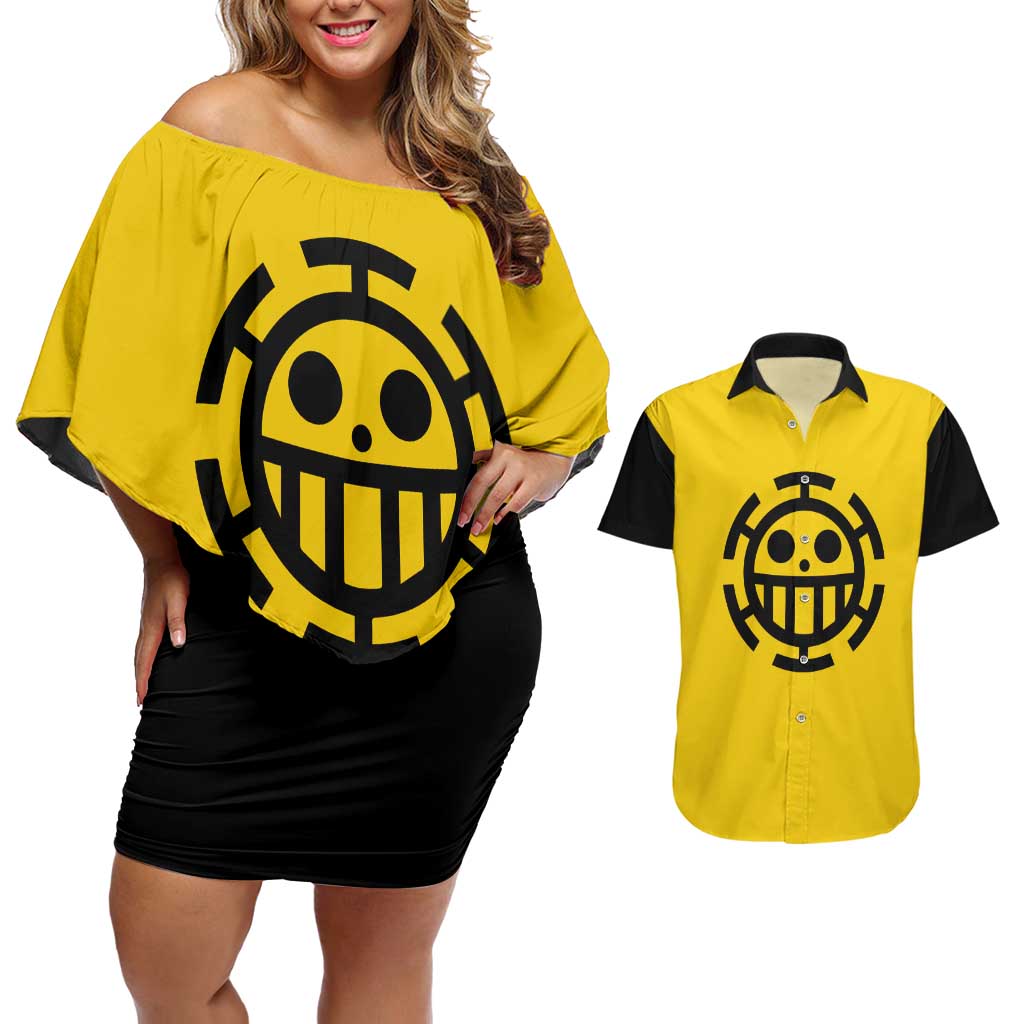 Trafalgar Law One Piece Couples Matching Off Shoulder Short Dress and Hawaiian Shirt Anime Uniform Style