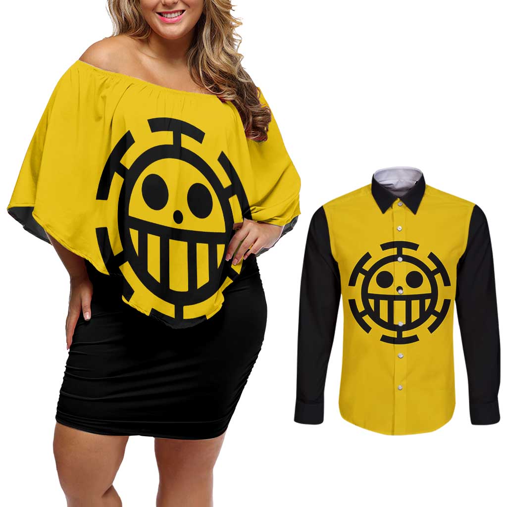 Trafalgar Law One Piece Couples Matching Off Shoulder Short Dress and Long Sleeve Button Shirt Anime Uniform Style