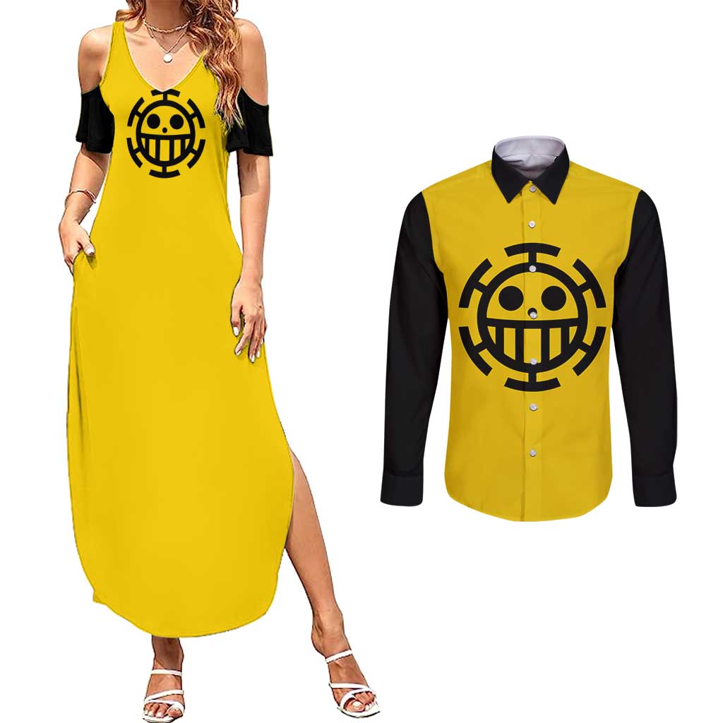 Trafalgar Law One Piece Couples Matching Summer Maxi Dress and Long Sleeve Button Shirt Anime Uniform Style