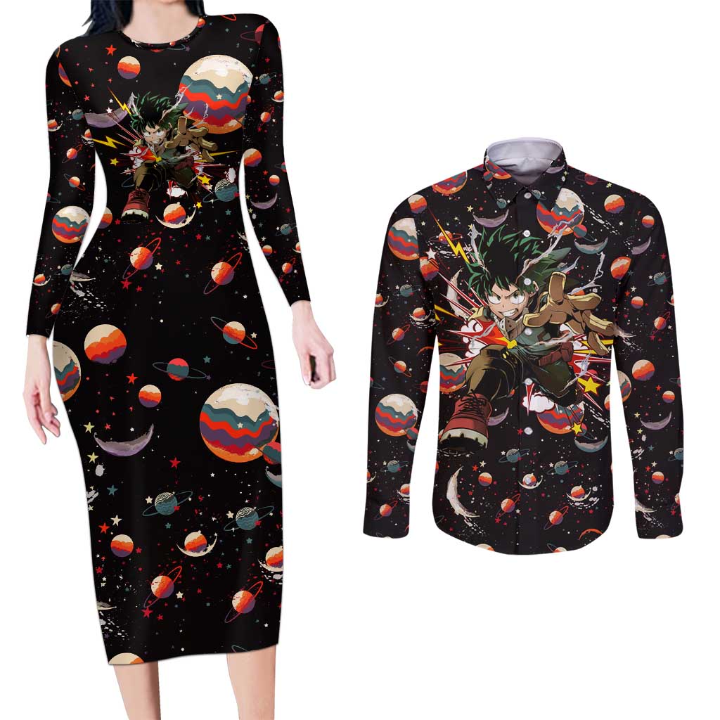 Retro Universe Deku My Hero Academia Couples Matching Long Sleeve Bodycon Dress and Long Sleeve Button Shirt Anime Mid Cosmic Pattern Style