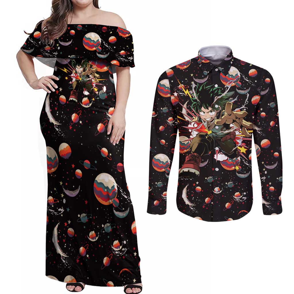 Retro Universe Deku My Hero Academia Couples Matching Off Shoulder Maxi Dress and Long Sleeve Button Shirt Anime Mid Cosmic Pattern Style