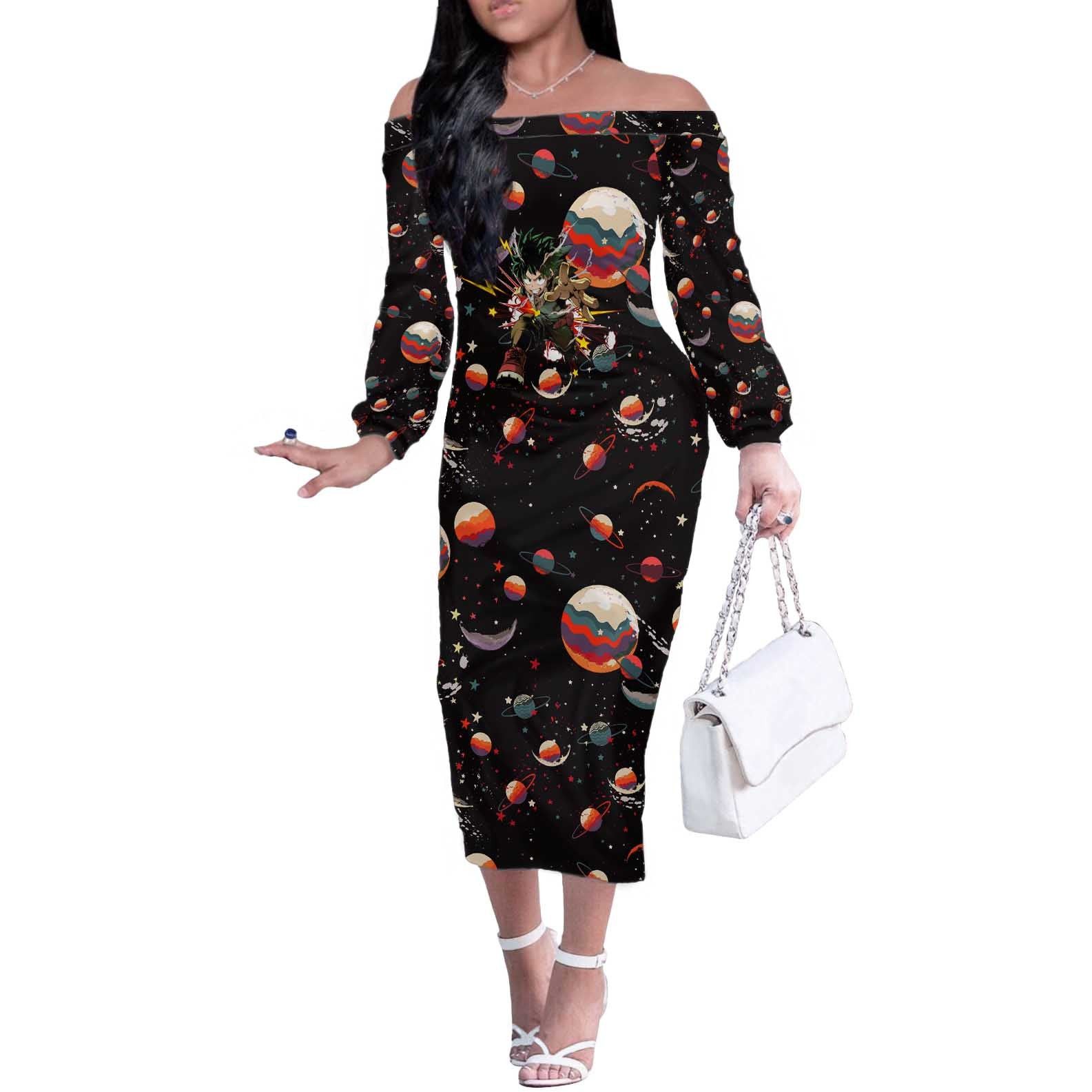 Retro Universe Deku My Hero Academia Off The Shoulder Long Sleeve Dress Anime Mid Cosmic Pattern Style