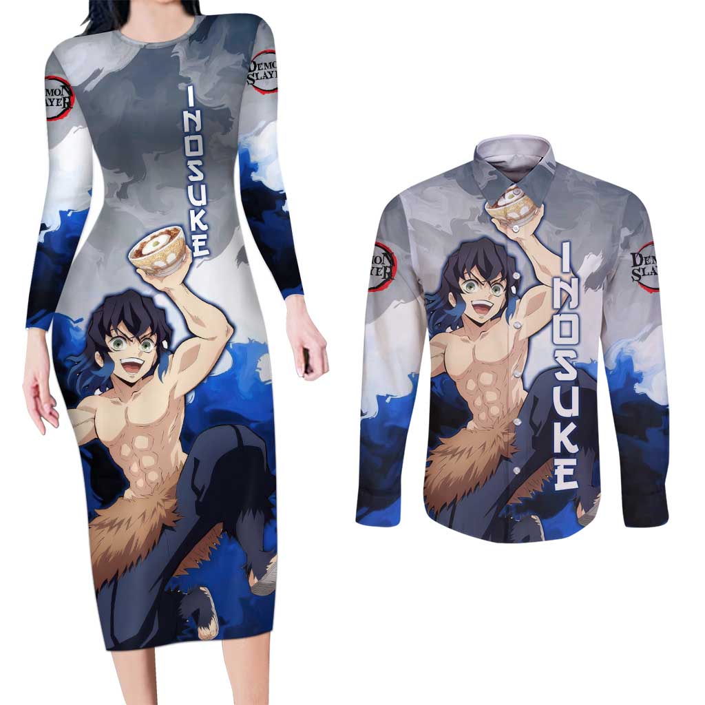 Inosuke - Demon Slayer Couples Matching Long Sleeve Bodycon Dress and Long Sleeve Button Shirt Anime Style