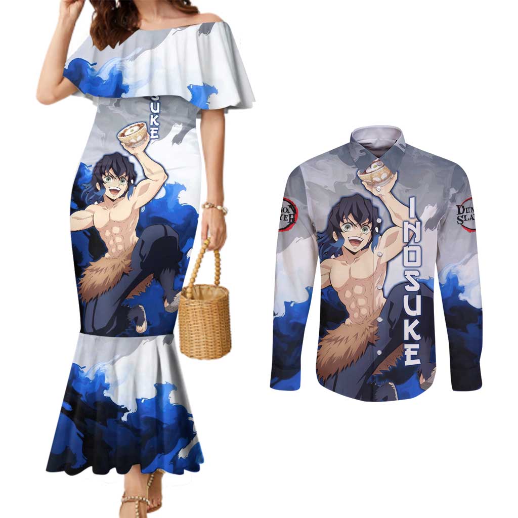 Inosuke - Demon Slayer Couples Matching Mermaid Dress and Long Sleeve Button Shirt Anime Style