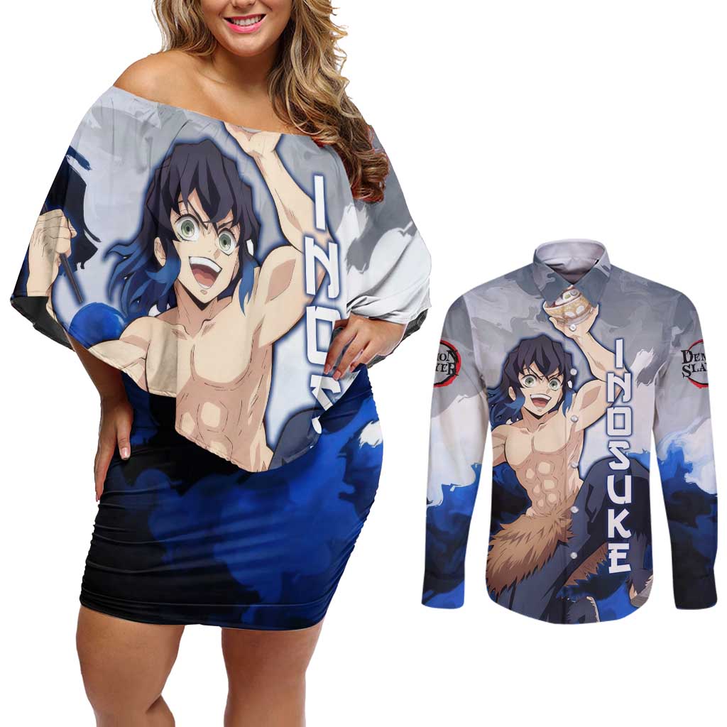 Inosuke - Demon Slayer Couples Matching Off Shoulder Short Dress and Long Sleeve Button Shirt Anime Style