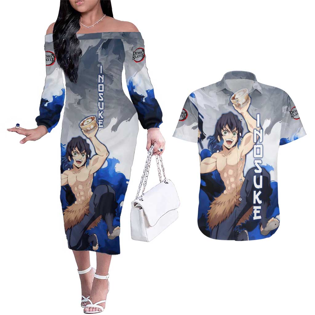 Inosuke - Demon Slayer Couples Matching Off The Shoulder Long Sleeve Dress and Hawaiian Shirt Anime Style