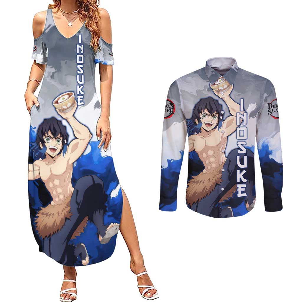 Inosuke - Demon Slayer Couples Matching Summer Maxi Dress and Long Sleeve Button Shirt Anime Style