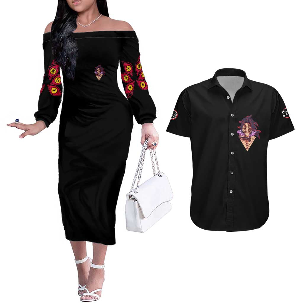 Kokushibo Demon Slayer Couples Matching Off The Shoulder Long Sleeve Dress and Hawaiian Shirt Anime Style TS04