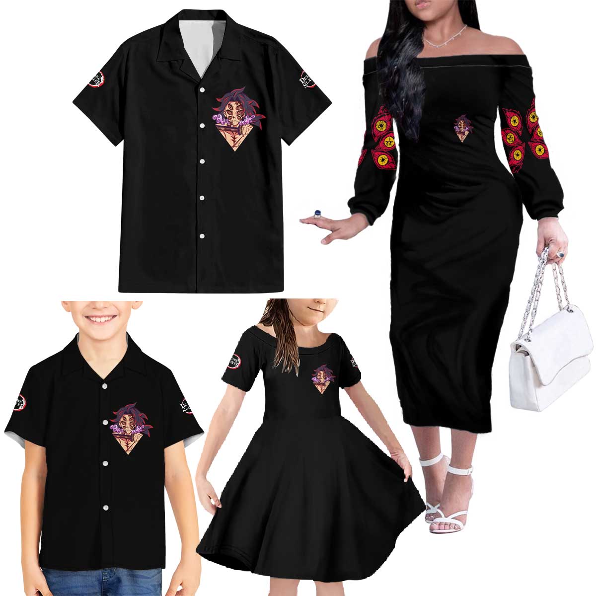 Kokushibo Demon Slayer Family Matching Off The Shoulder Long Sleeve Dress and Hawaiian Shirt Anime Style TS04