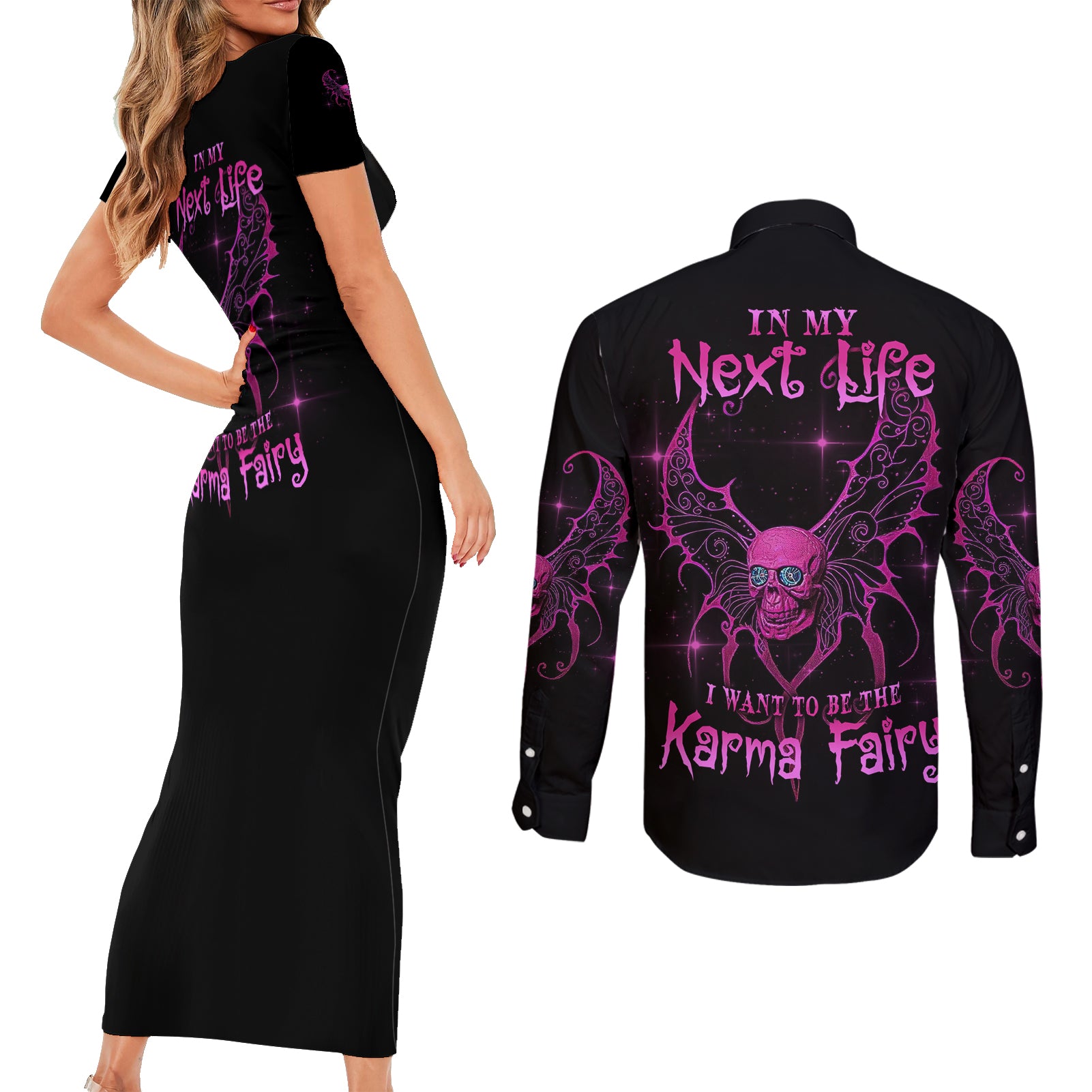 karma-fairy-skul-couples-matching-short-sleeve-bodycon-dress-and-long-sleeve-button-shirt