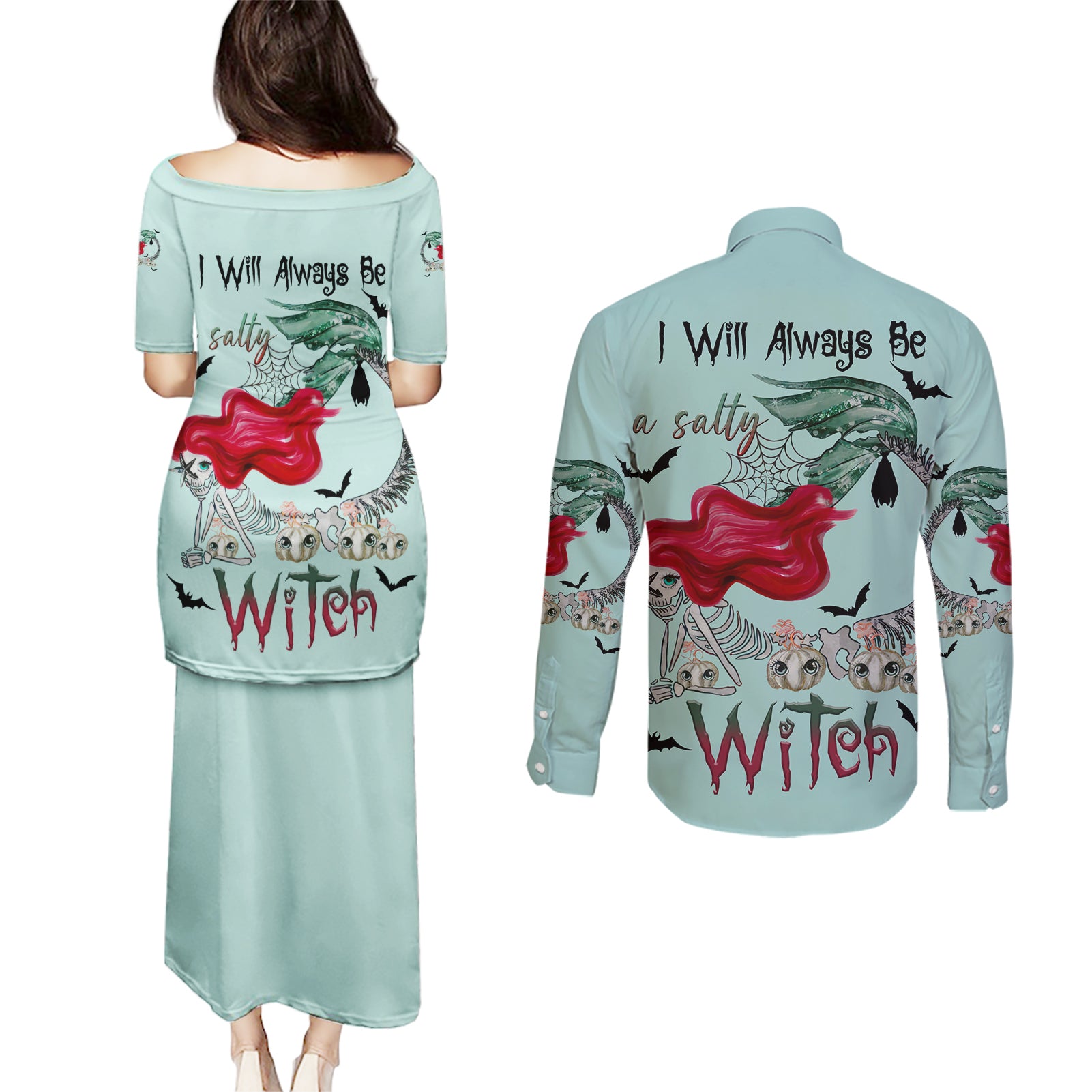 salty-witch-mermaid-halloween-couples-matching-puletasi-dress-and-long-sleeve-button-shirt