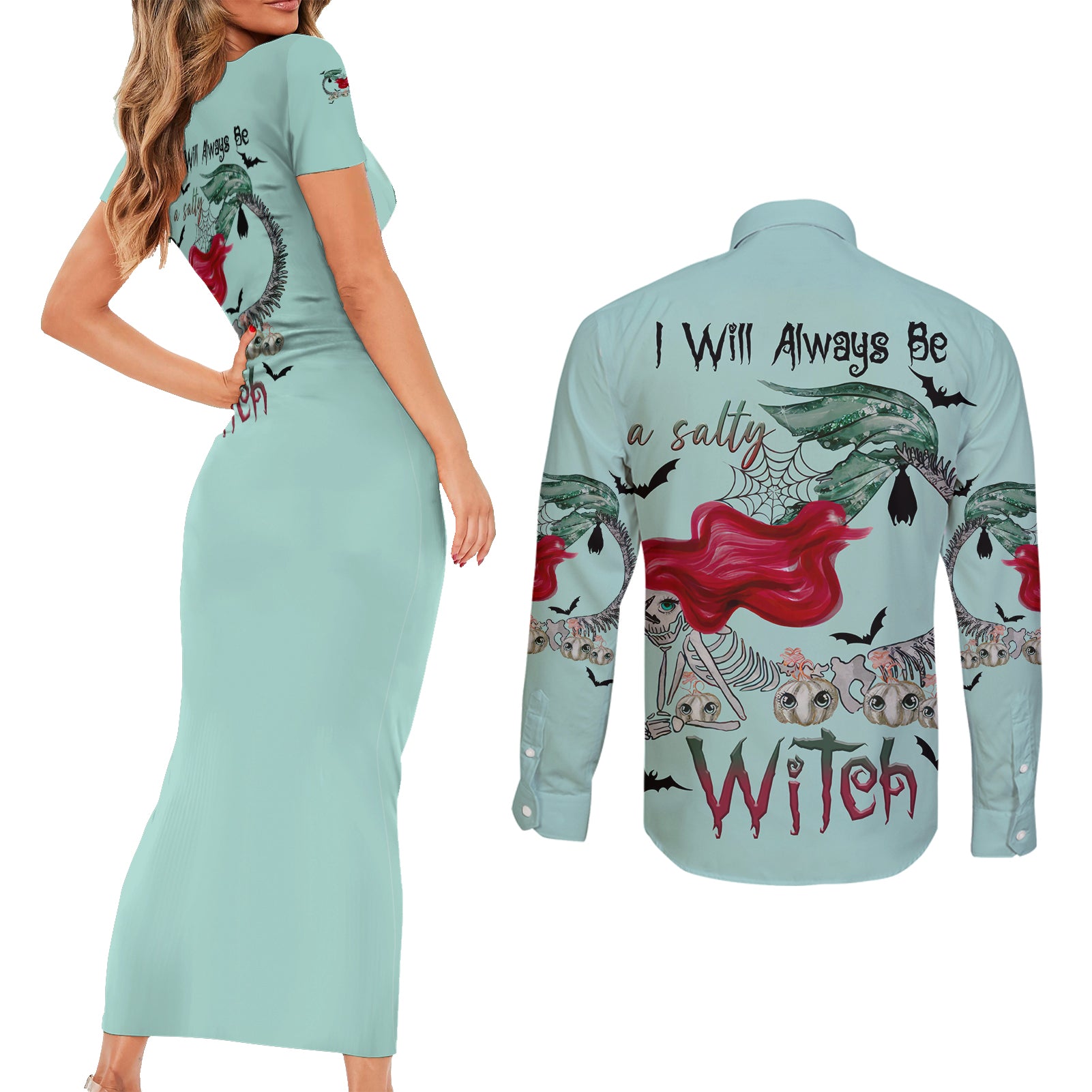 salty-witch-mermaid-halloween-couples-matching-short-sleeve-bodycon-dress-and-long-sleeve-button-shirt