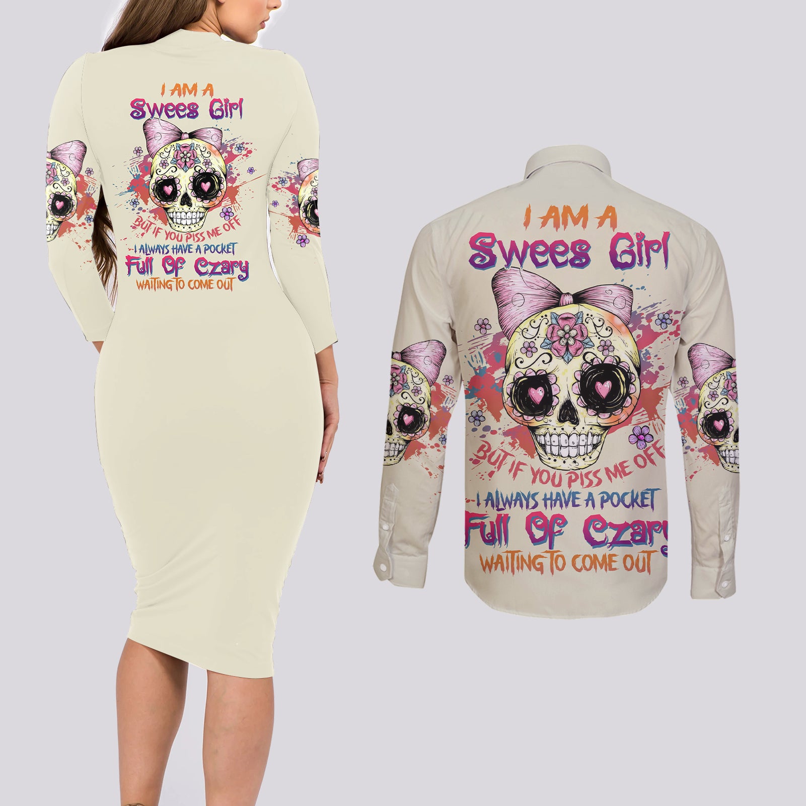 i-am-a-sweet-girl-skull-couples-matching-long-sleeve-bodycon-dress-and-long-sleeve-button-shirt