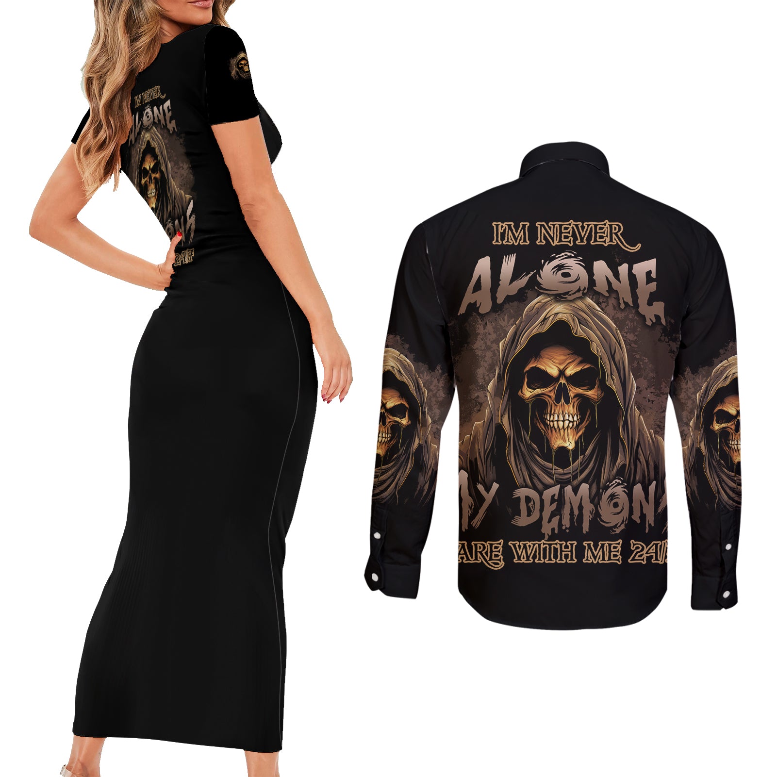 im-never-alone-skull-reaper-couples-matching-short-sleeve-bodycon-dress-and-long-sleeve-button-shirt