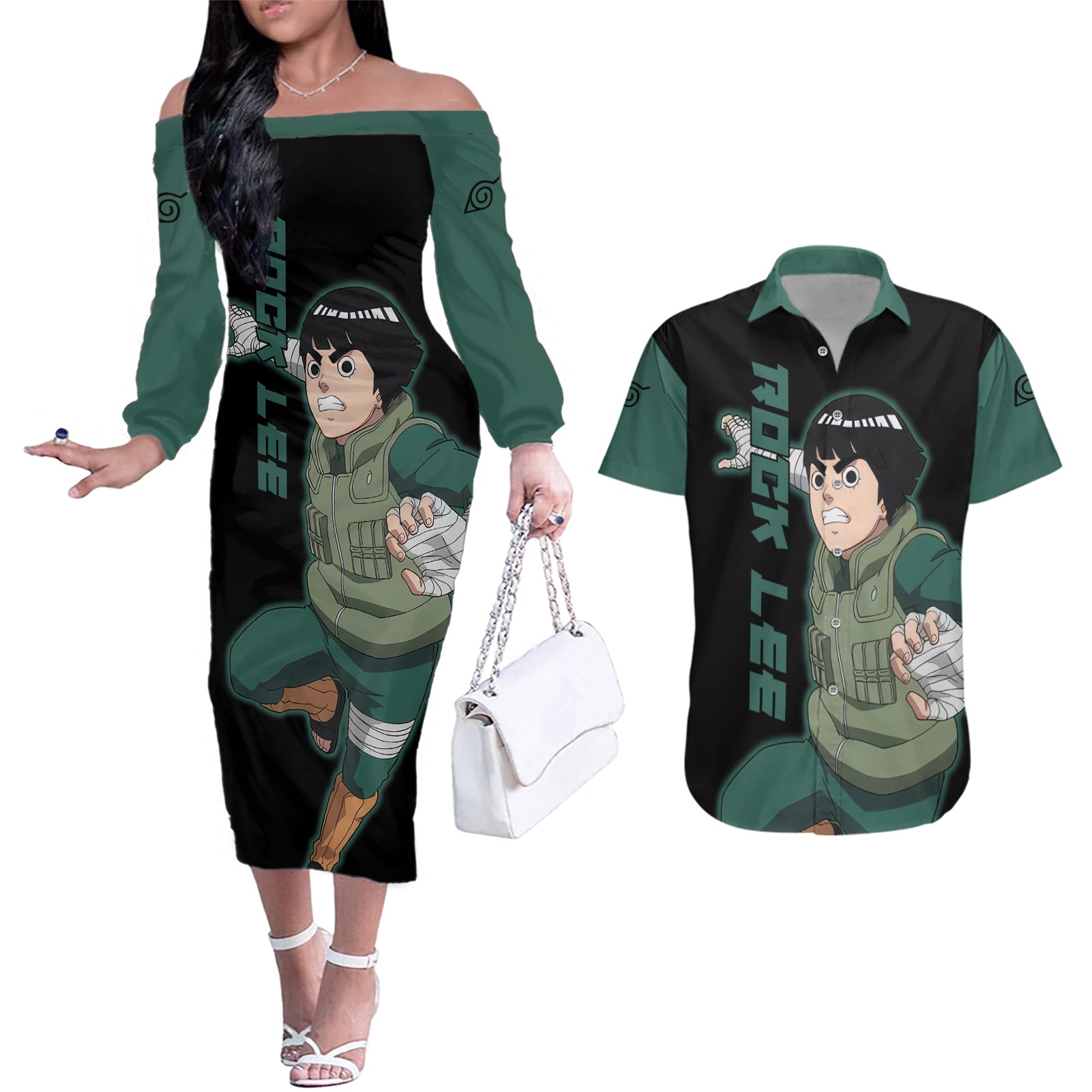 Rock Lee Couples Matching Off The Shoulder Long Sleeve Dress and Hawaiian Shirt