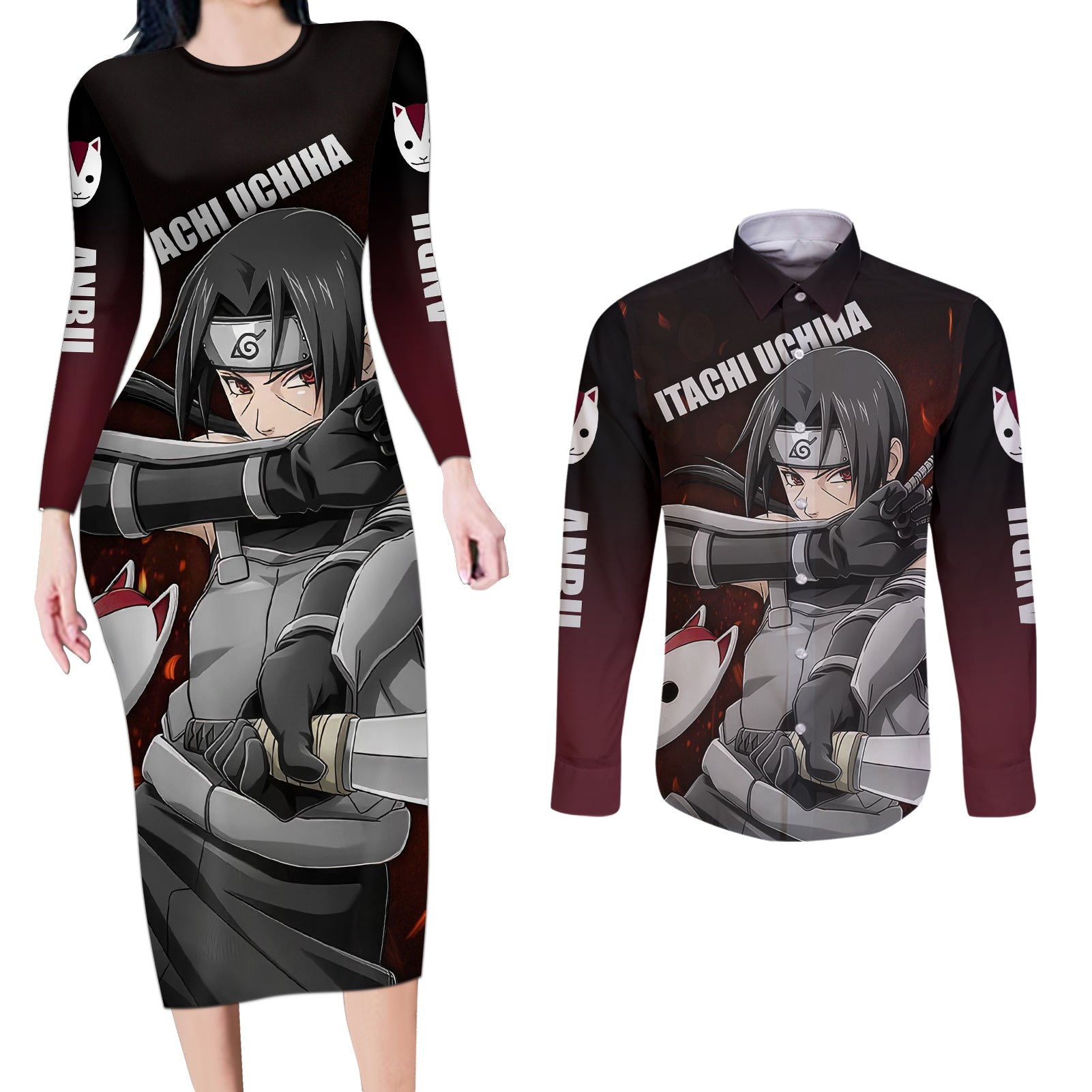 Itachi Anbu Couples Matching Long Sleeve Bodycon Dress and Long Sleeve Button Shirt