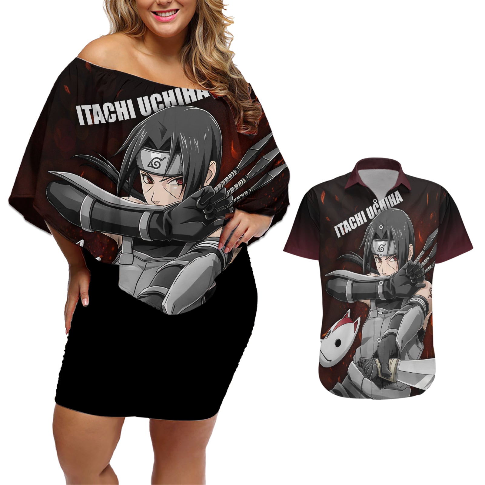 Itachi Anbu Couples Matching Off Shoulder Short Dress and Hawaiian Shirt