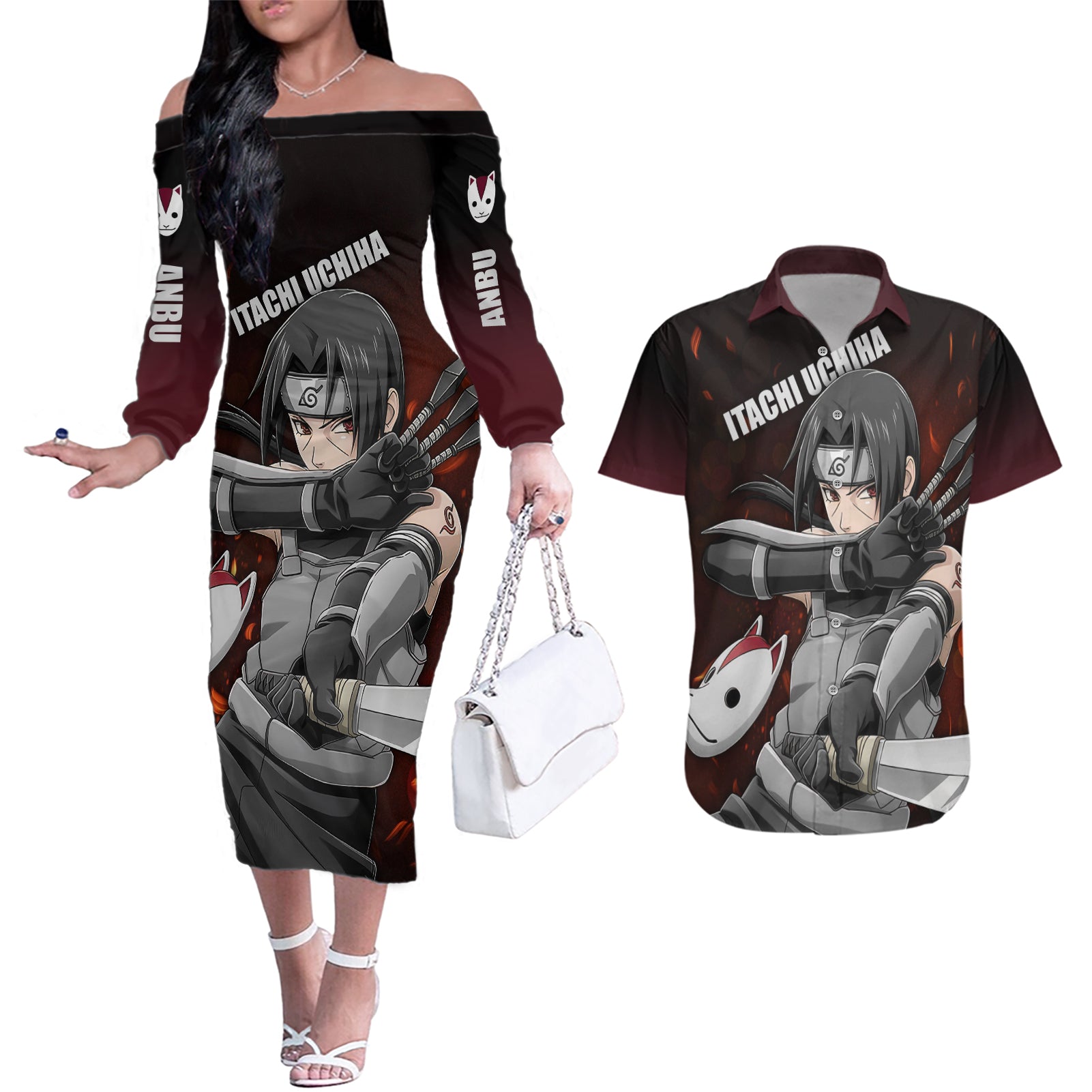 Itachi Anbu Couples Matching Off The Shoulder Long Sleeve Dress and Hawaiian Shirt