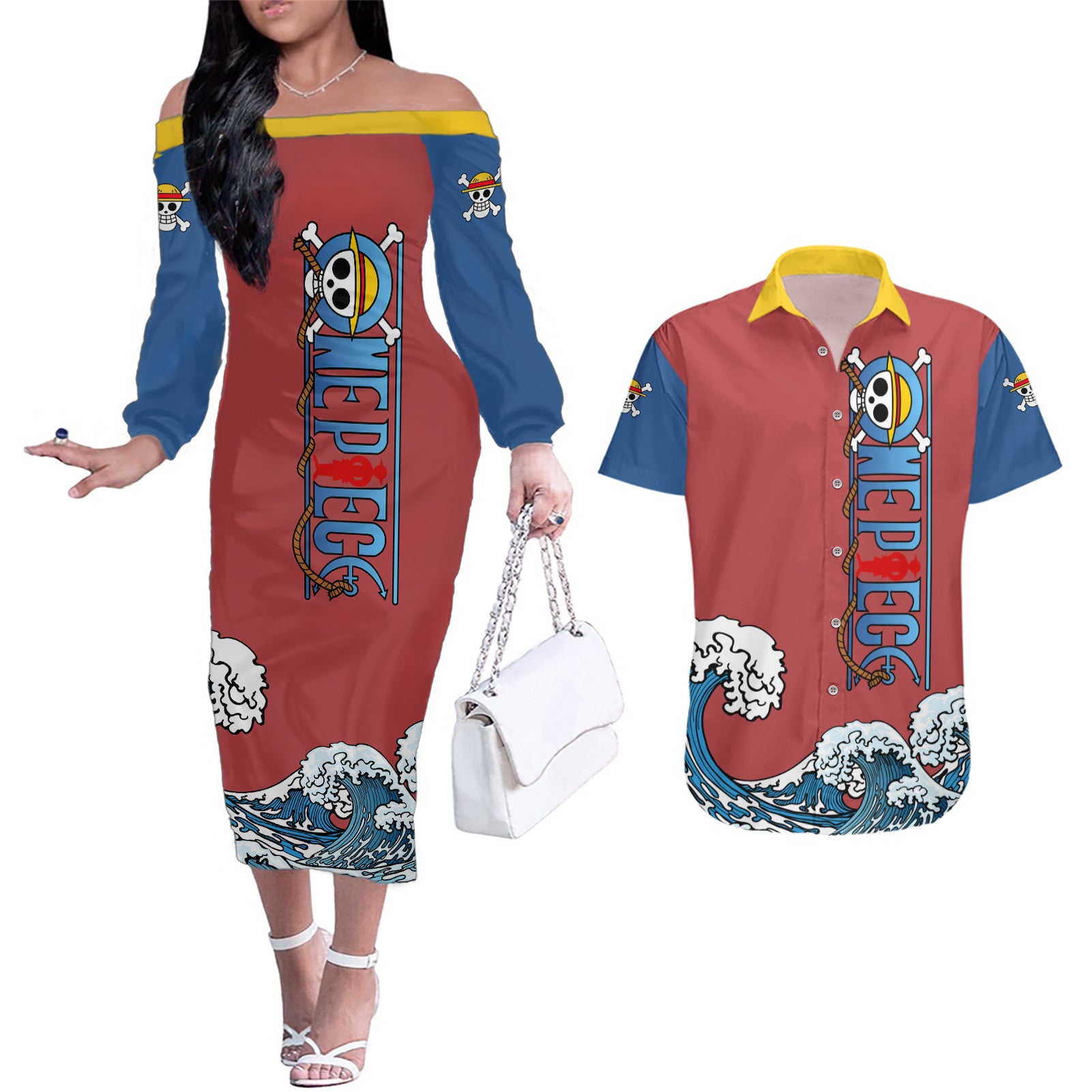 Monkey D. Luffy One Piece Gear 5 Awakening Couples Matching Off The Shoulder Long Sleeve Dress and Hawaiian Shirt