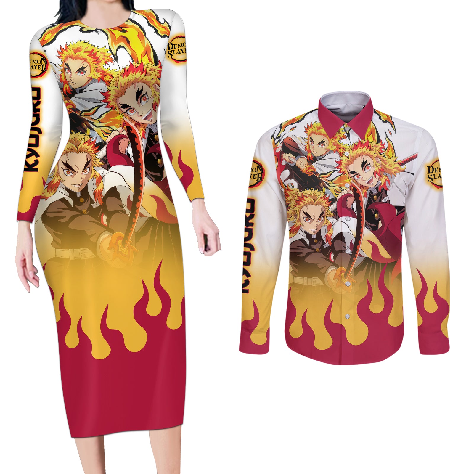 Kyojuro Rengoku - Flame Hashira Anime Couples Matching Long Sleeve Bodycon Dress and Long Sleeve Button Shirt