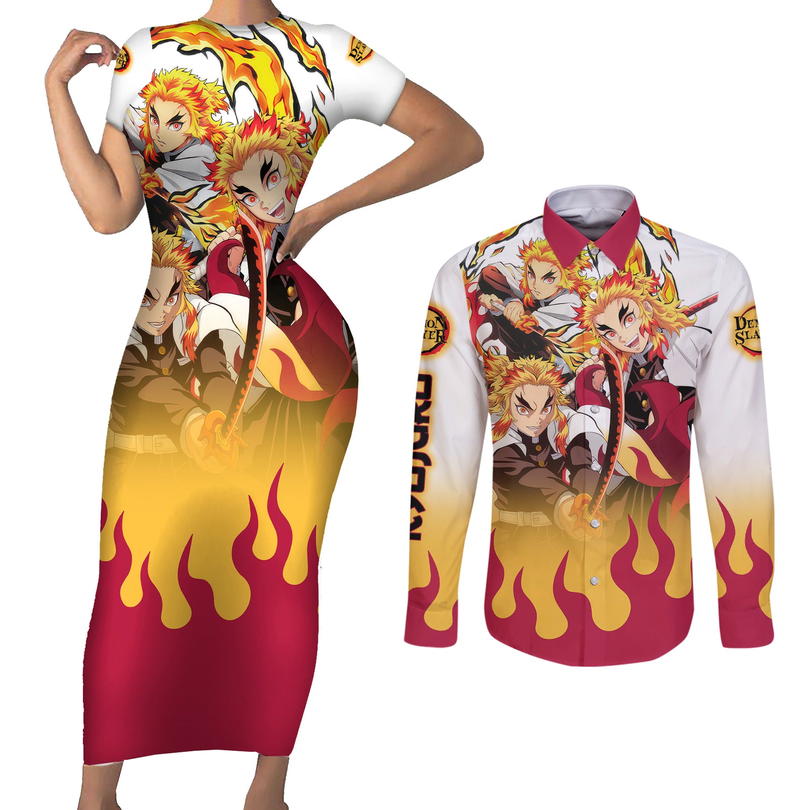 Kyojuro Rengoku - Flame Hashira Anime Couples Matching Short Sleeve Bodycon Dress and Long Sleeve Button Shirt