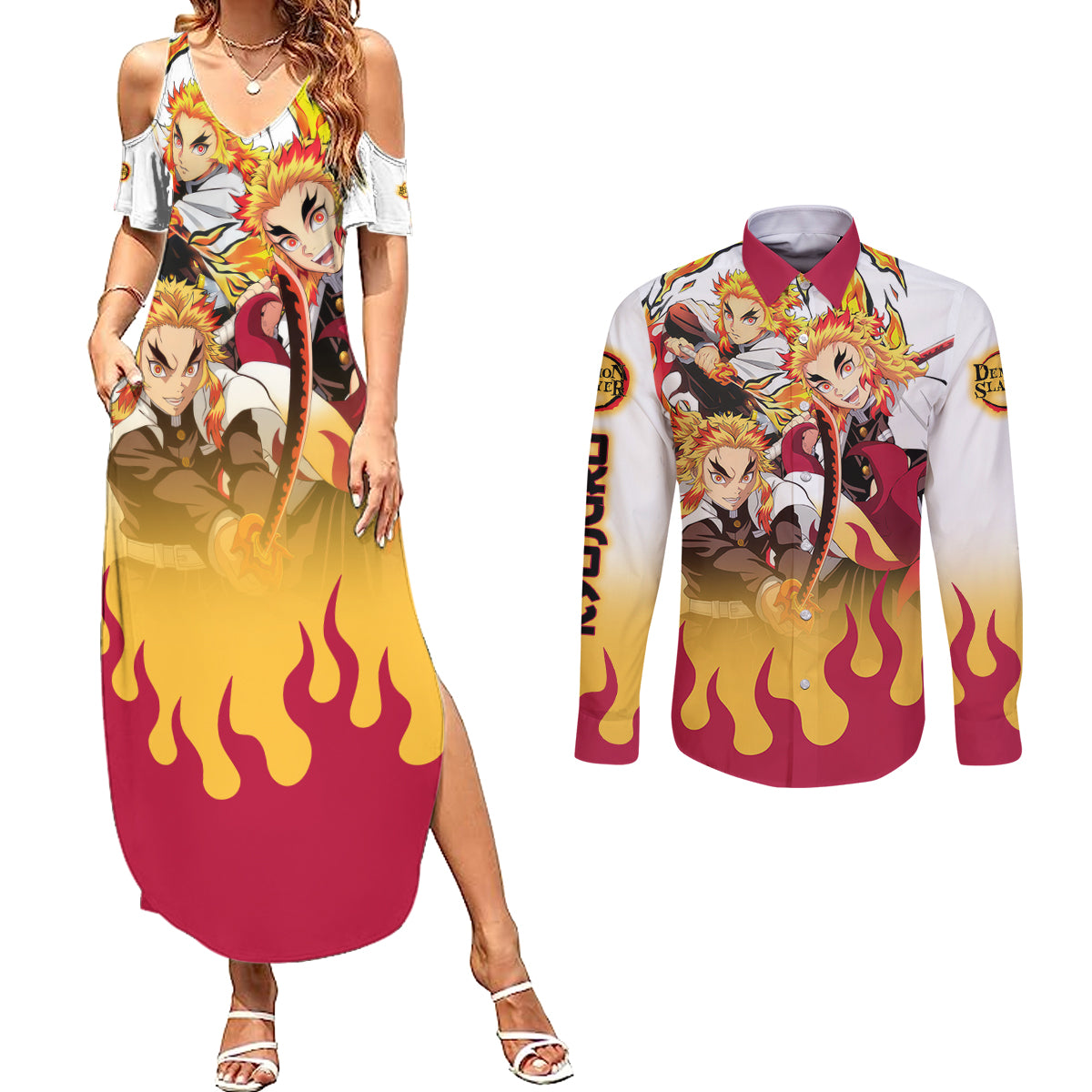 Kyojuro Rengoku - Flame Hashira Anime Couples Matching Summer Maxi Dress and Long Sleeve Button Shirt