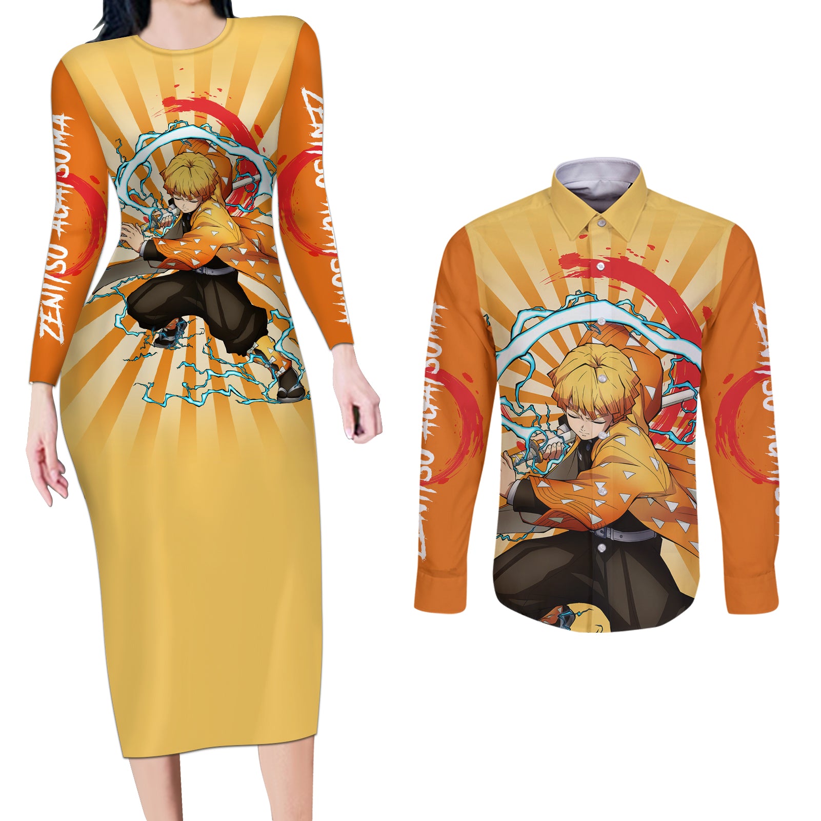 Zenitsu Agatsuma Couples Matching Long Sleeve Bodycon Dress and Long Sleeve Button Shirt Demon Slayer