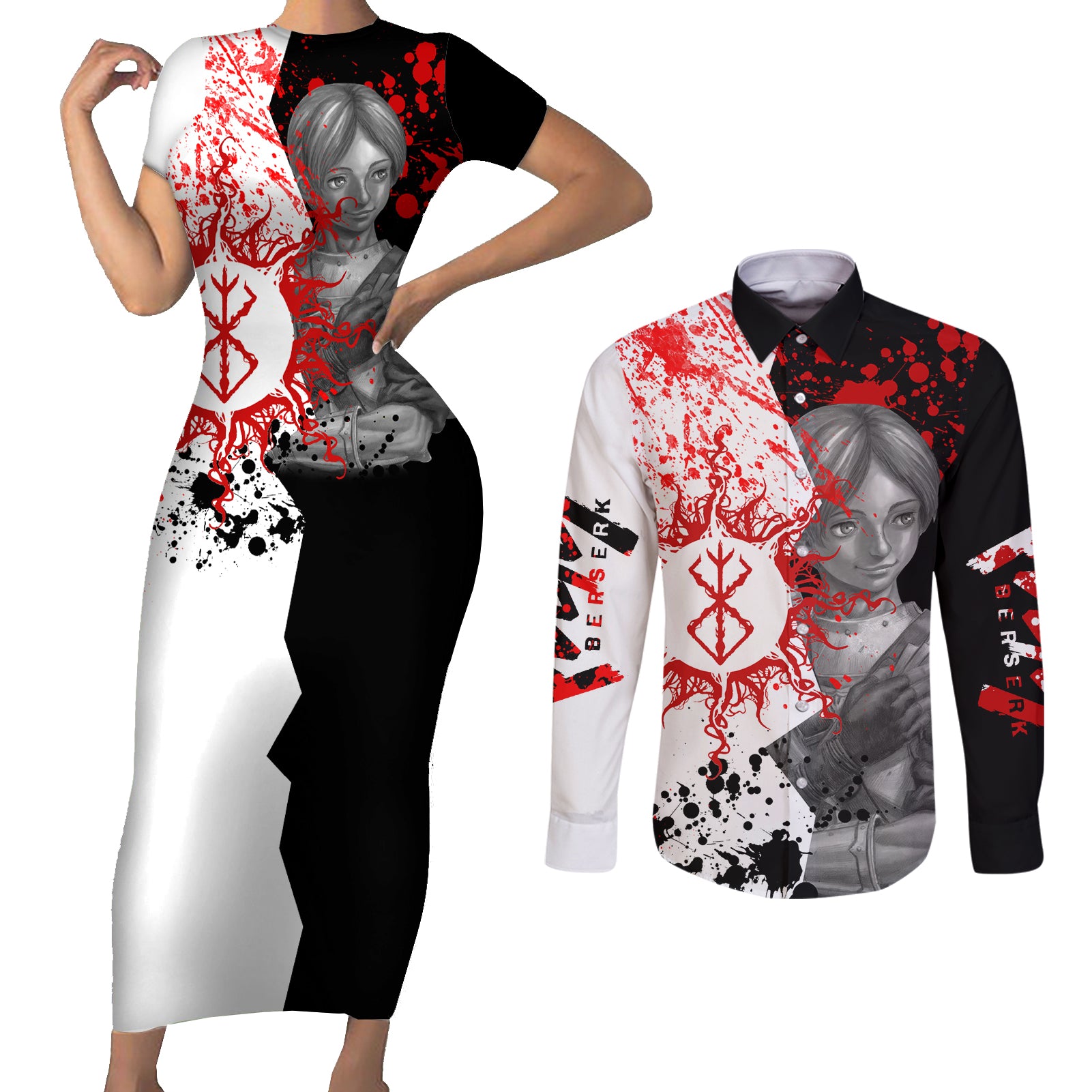 Judeau Berserk Couples Matching Short Sleeve Bodycon Dress and Long Sleeve Button Shirt Anime Run Symbol Blood Style