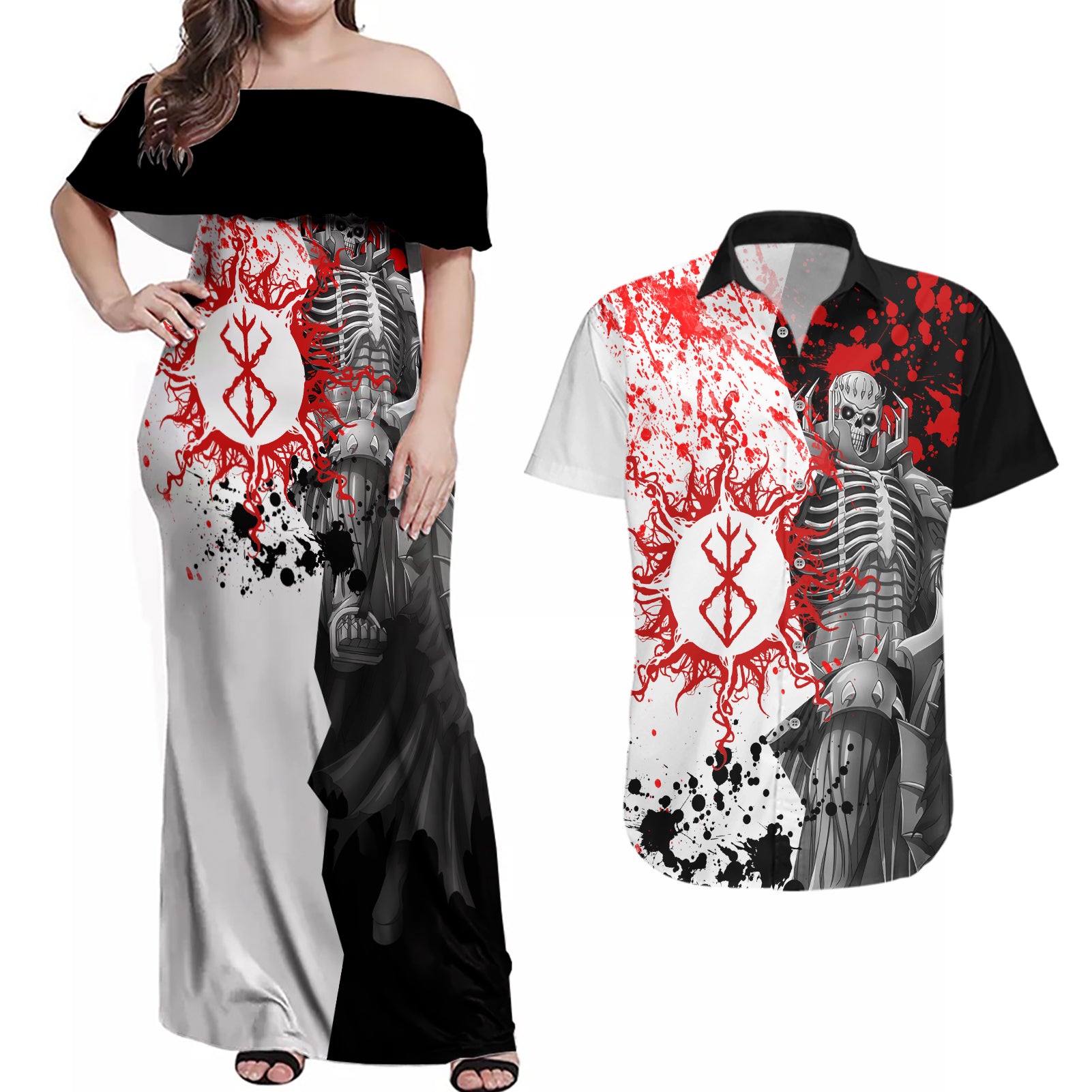 The Skull Knight Berserk Couples Matching Off Shoulder Maxi Dress and Hawaiian Shirt Anime Japan Style