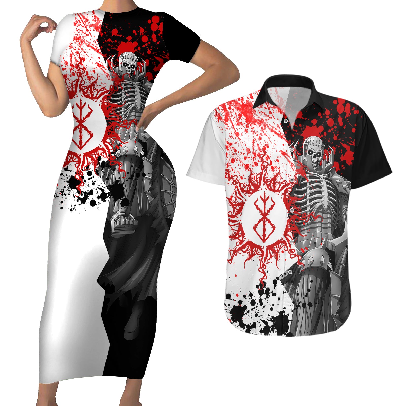 The Skull Knight Berserk Couples Matching Short Sleeve Bodycon Dress and Hawaiian Shirt Anime Japan Style