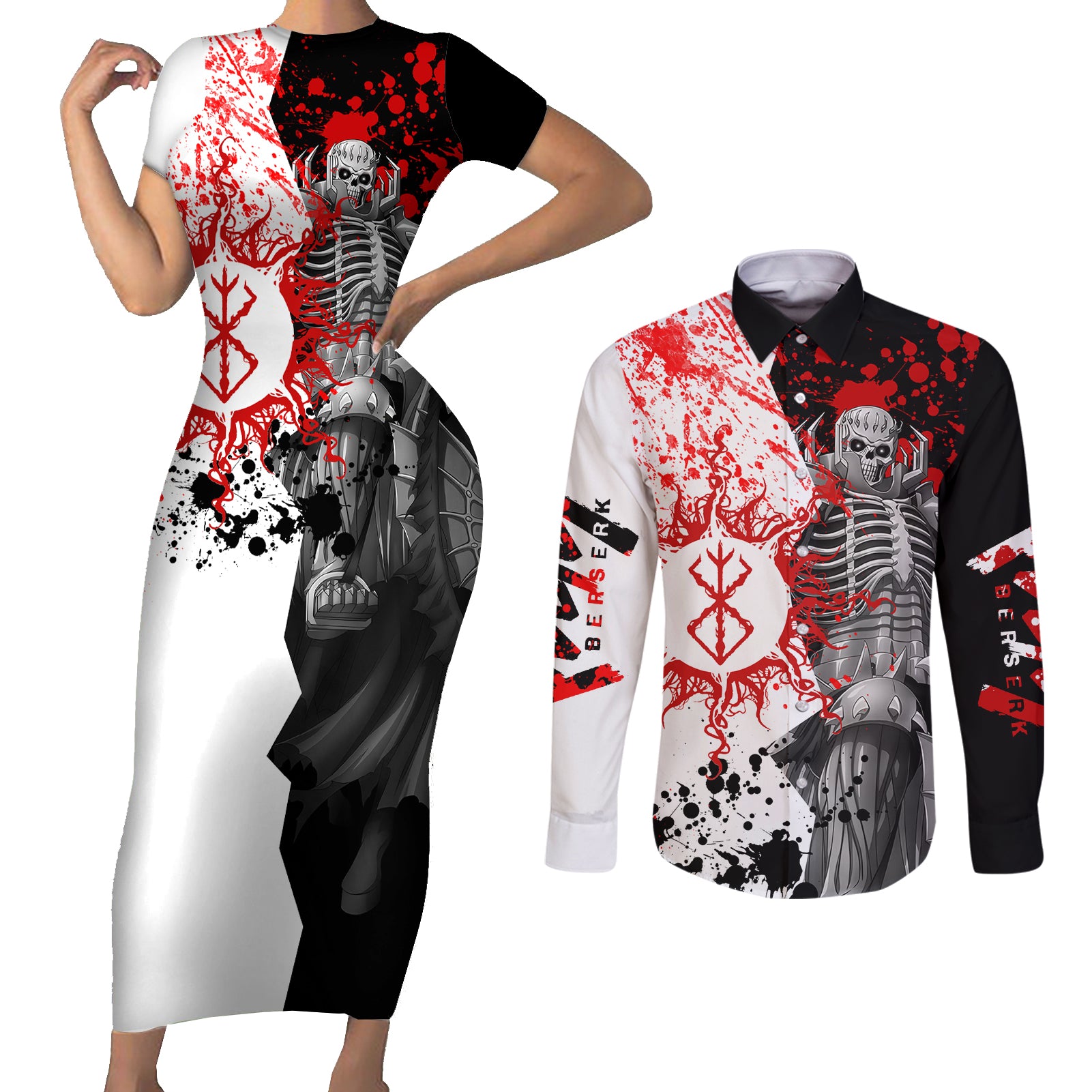 The Skull Knight Berserk Couples Matching Short Sleeve Bodycon Dress and Long Sleeve Button Shirt Anime Japan Style