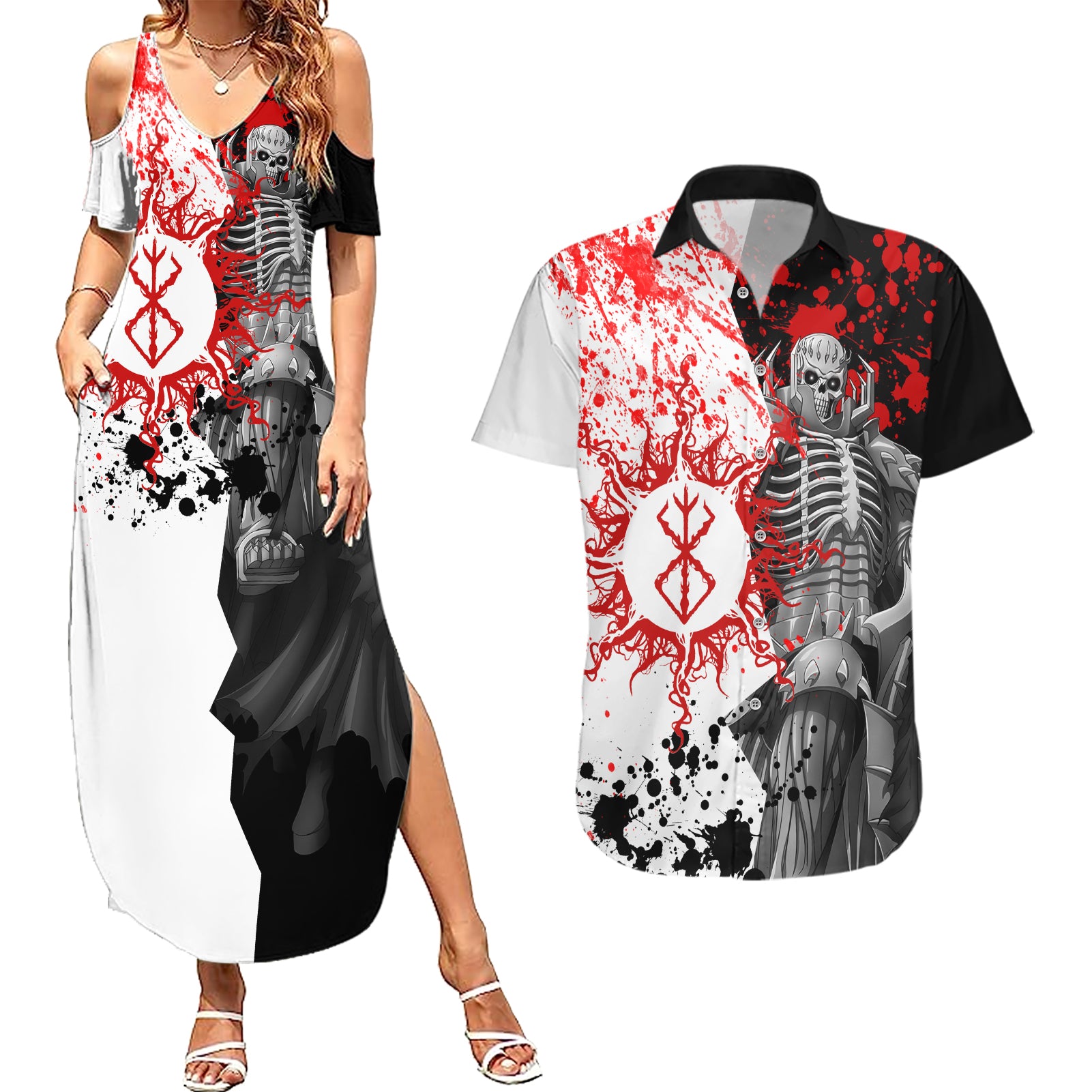 The Skull Knight Berserk Couples Matching Summer Maxi Dress and Hawaiian Shirt Anime Japan Style