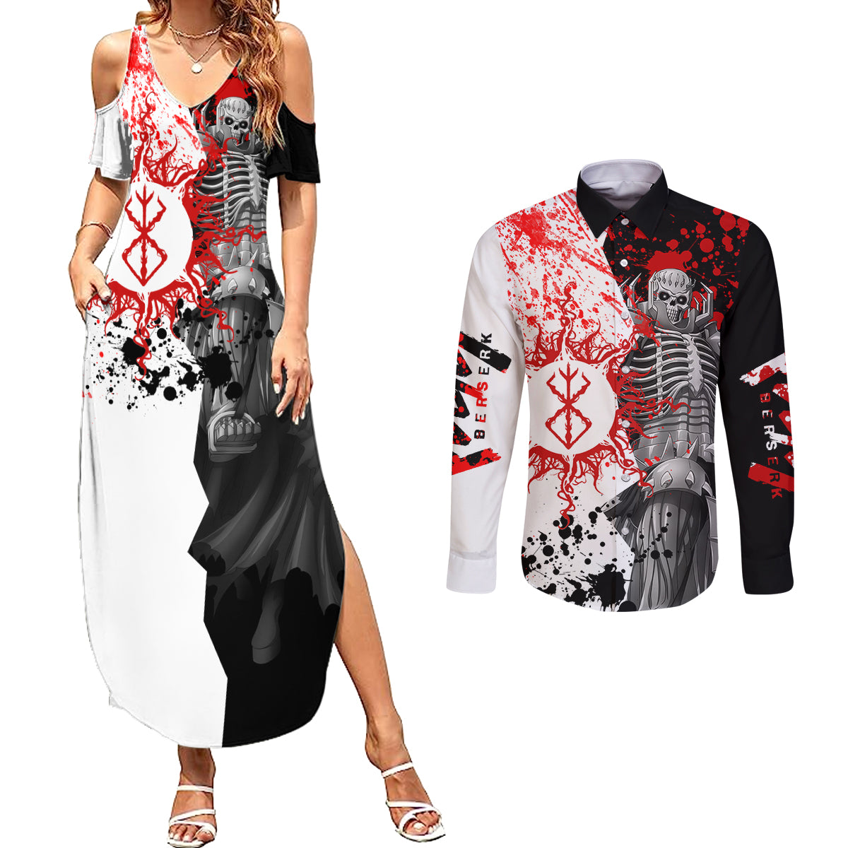 The Skull Knight Berserk Couples Matching Summer Maxi Dress and Long Sleeve Button Shirt Anime Japan Style